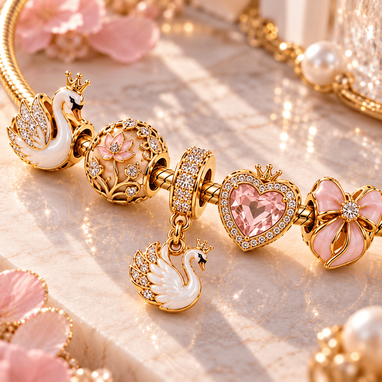 SWAN Gold Charm Bracelet Set PTT