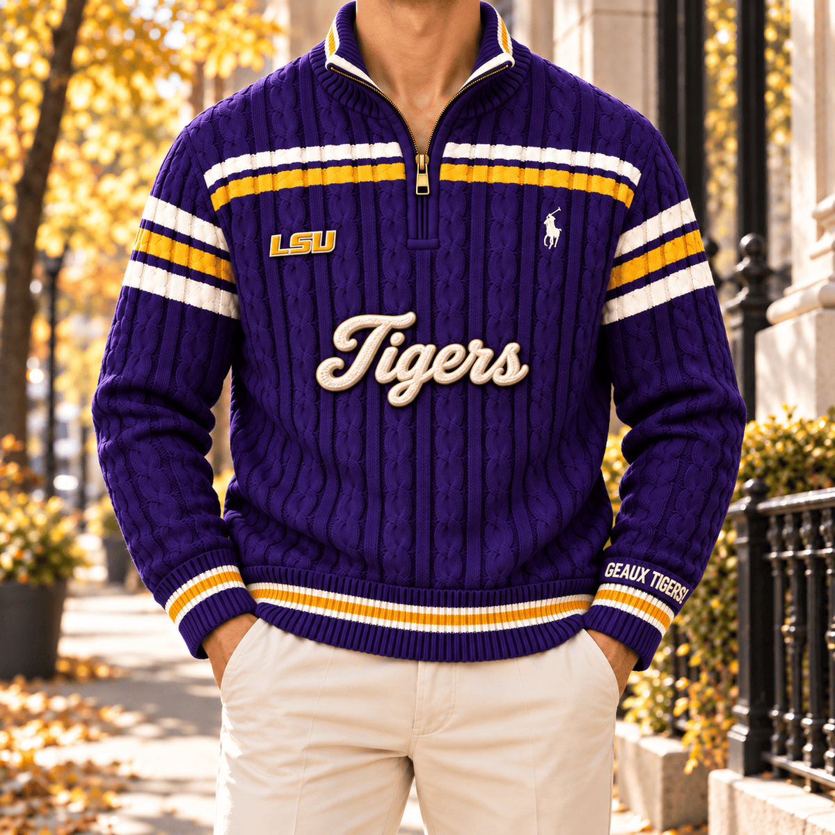 LSUT PREMIUM Varsity Cable-Knit Quarter-Zip Sweater NHVH