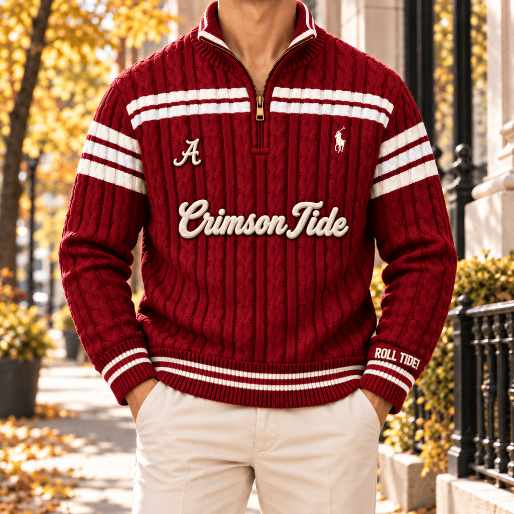 ACT PREMIUM Varsity Cable-Knit Quarter-Zip Sweater NHVH
