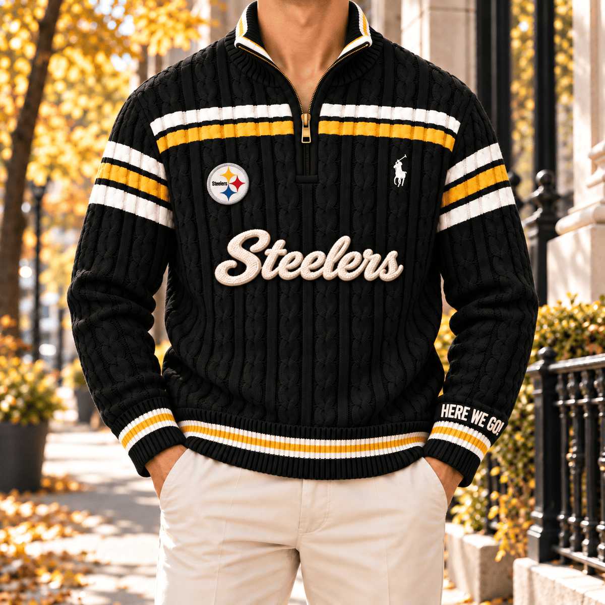 PBS PREMIUM Varsity Cable-Knit Quarter-Zip Sweater NHVH