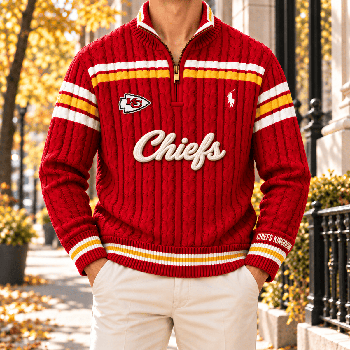 KCC PREMIUM Varsity Cable-Knit Quarter-Zip Sweater NHVH