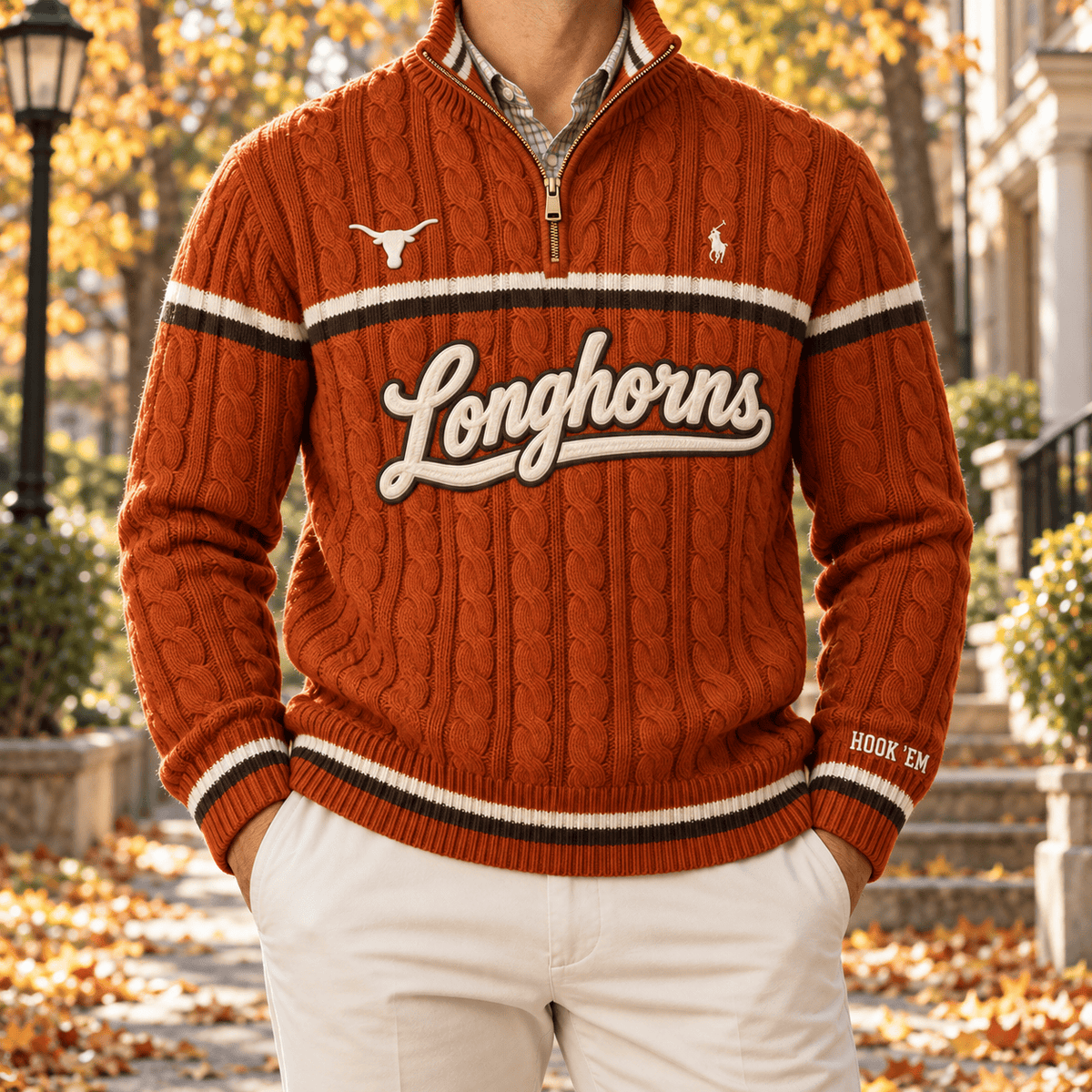 TLH Premium Varsity Cable-Knit Quarter-Zip Sweater NHVH
