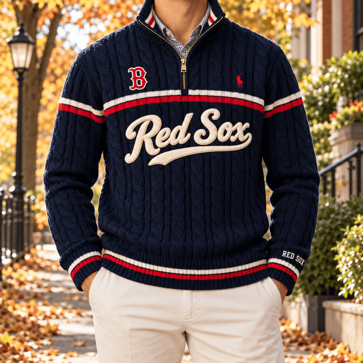 BRX PREMIUM Varsity Cable-Knit Quarter-Zip Sweater NHVH