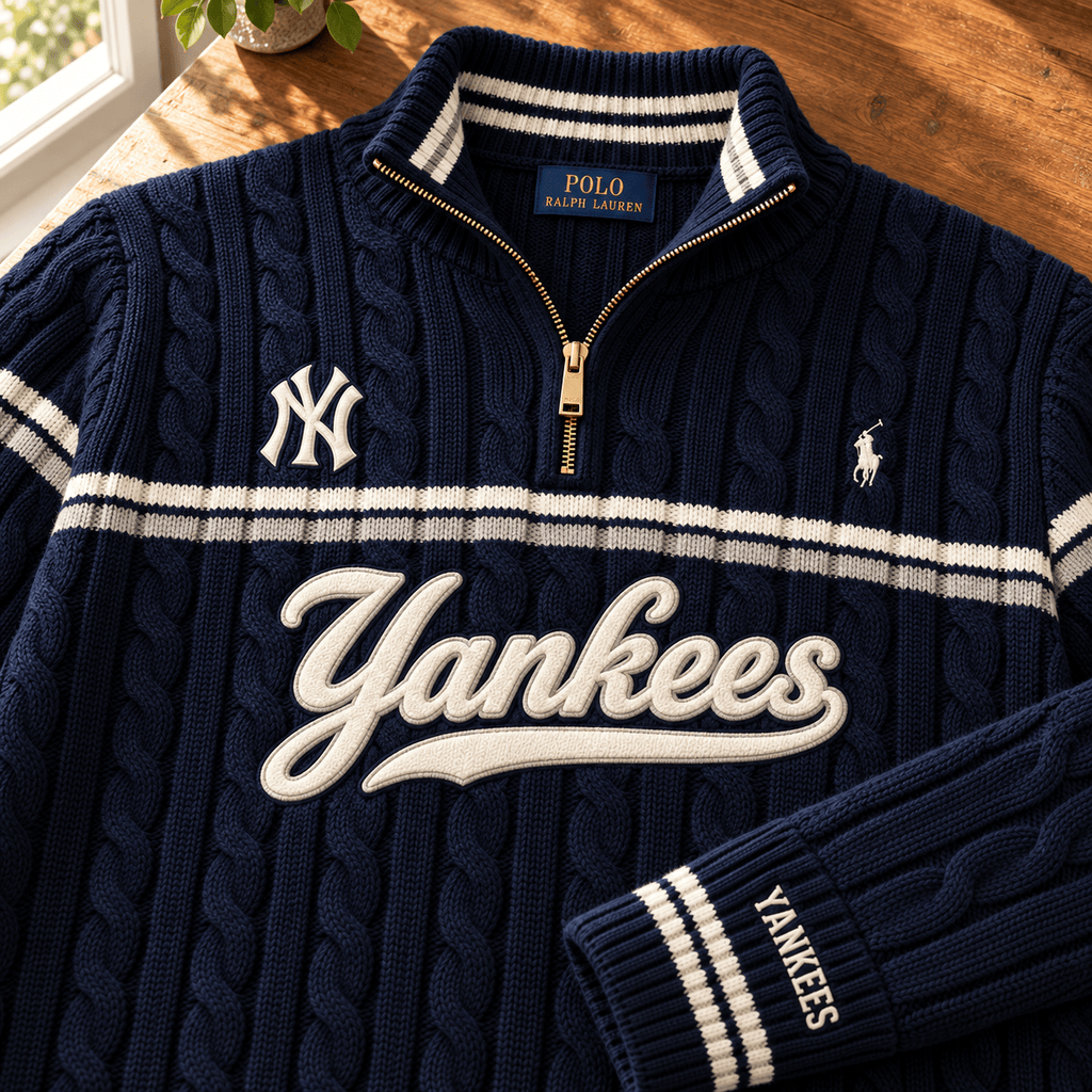 NYY PREMIUM Varsity Cable-Knit Quarter-Zip Sweater NHVH